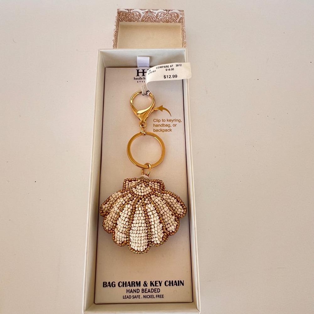 Haute Hippie Shell Bag Charm Keychain OS Cream Gold New Beaded Boho Nautical